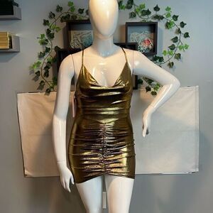 Micas Metallic Cowl Neckline Mini Bodycon dress Gold Reflective L‎